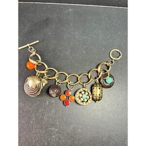 Vintage Charm Bracelet Brass Tone Glass Beads Chunky Statement 8 Inch